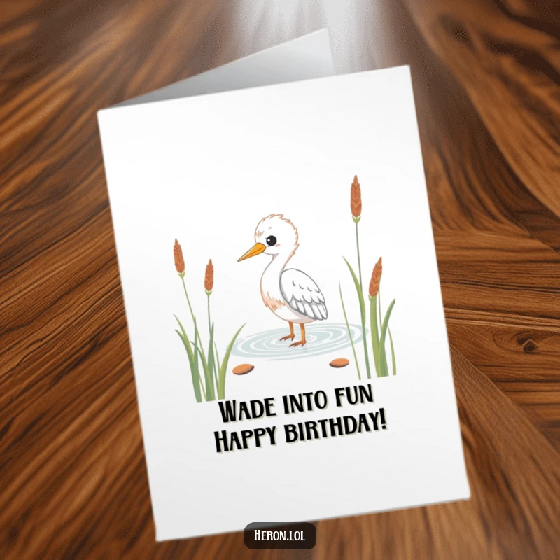 Funny Free Printable Birthday Card: Kawaii heron bird wading serenely through stylized reeds.