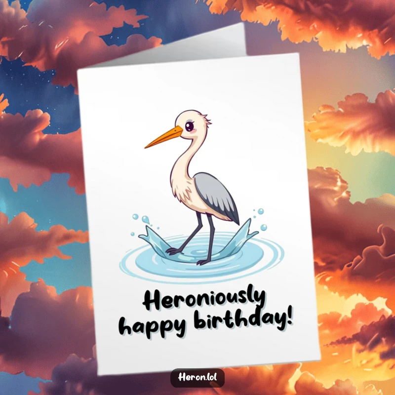 Funny Free Printable Birthday Card featuring a kawaii heron with long legs playfully splashing water, ready to deliver birthday cheer.