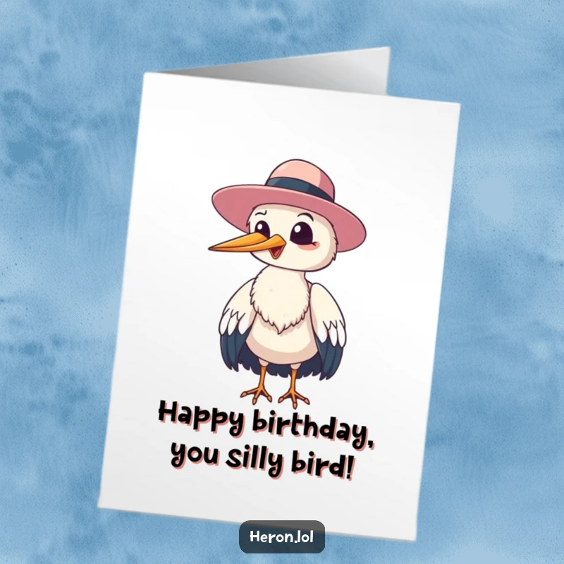 Funny Free Printable Birthday Card: Giggling heron bird tipping its floppy hat, a cheerful and humorous greeting, perfect for DIY.