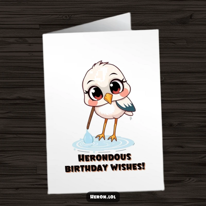 Funny Free Printable Birthday Card: Wide-eyed heron enthusiastically scooping water with its beak, ready to celebrate.