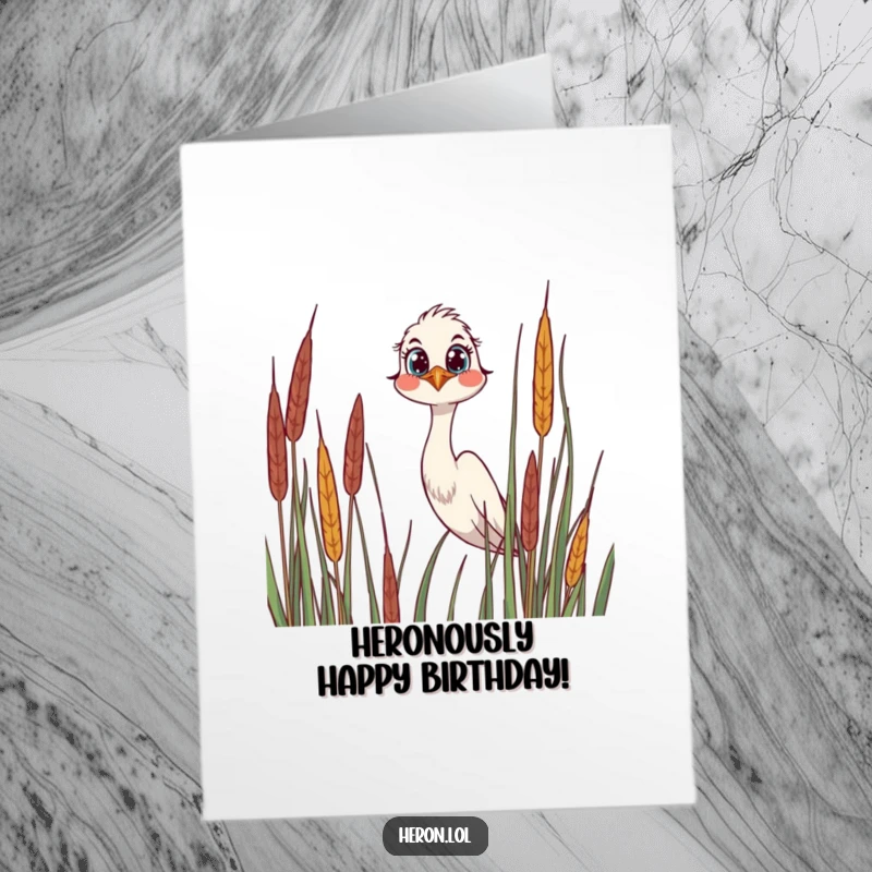 Funny Free Printable Birthday Card featuring a joyful heron with wide, curious eyes peering over tall reeds, a delightful downloadable greeting.