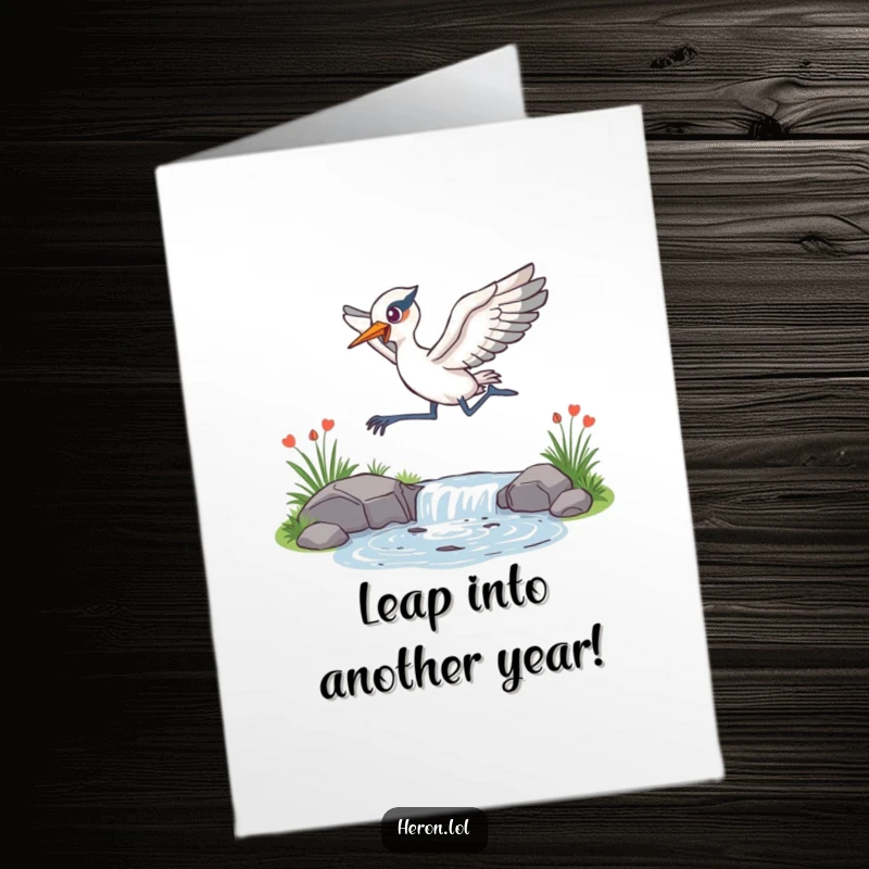Funny Free Printable Birthday Card showing an energetic heron leaping gracefully over a sparkling stream, a dynamic downloadable greeting.