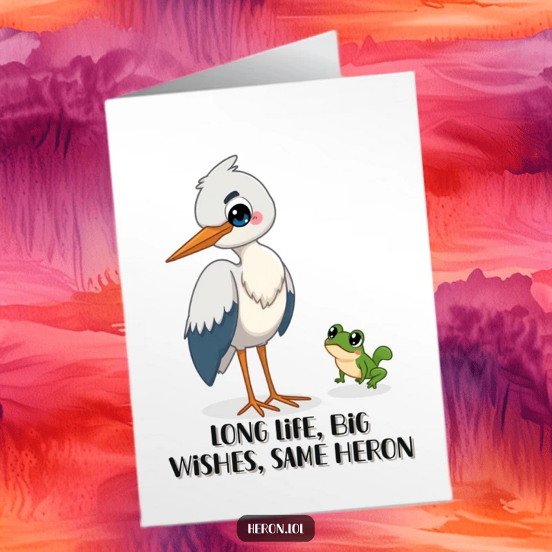 Funny Free Printable Heron Birthday Card: Mischievous heron smirking as a tiny frog escapes its grasp, perfect for laughs.