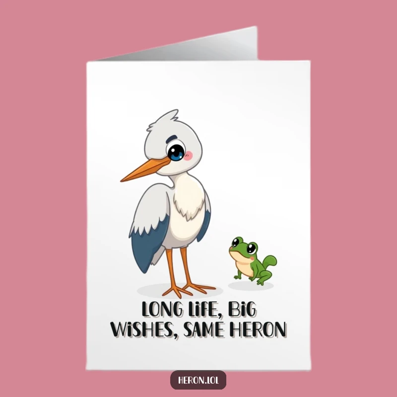 Free Printable Funny Heron Birthday Card: Mischievous Grin & Escaping Frog Downloadable Greeting