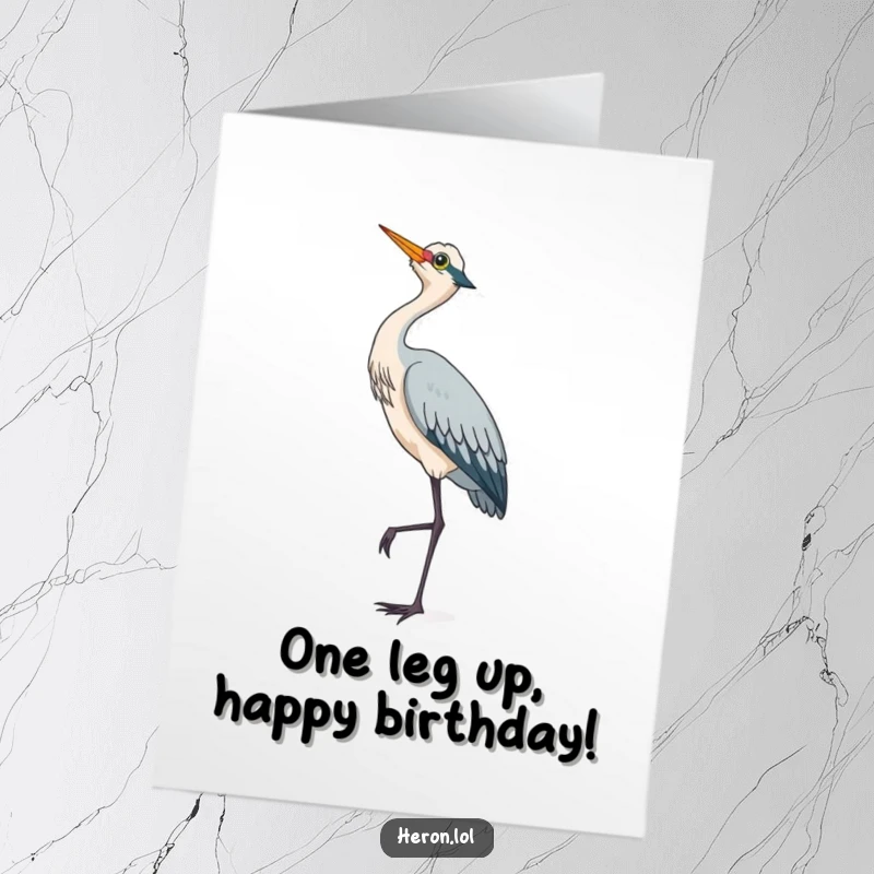 Cute Free Printable Birthday Card: A heron stands on one leg, looking up at the sky with curiosity, a whimsical and downloadable wish.