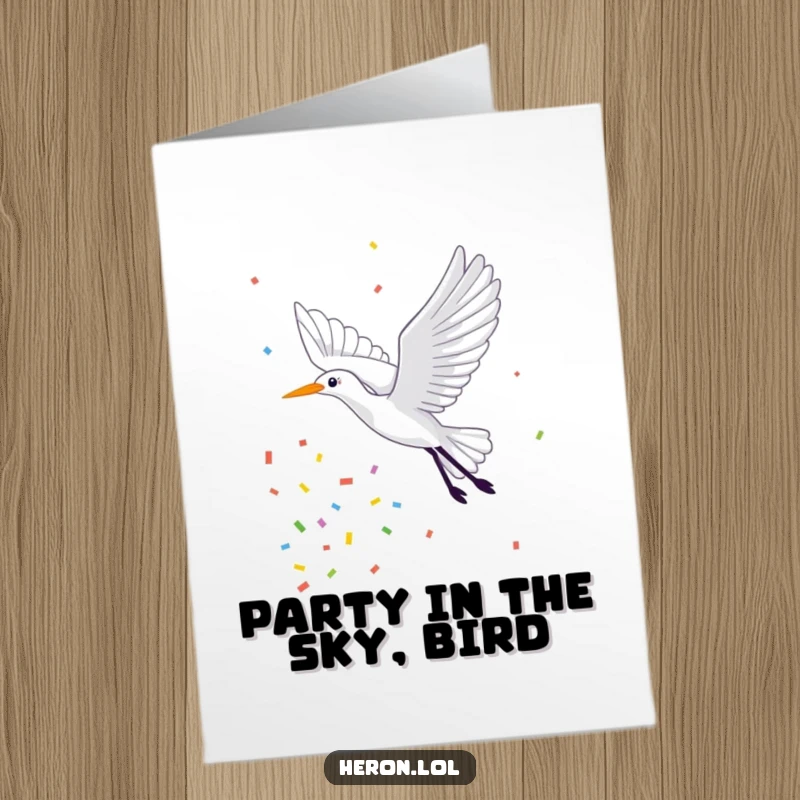 Funny Free Printable Birthday Card showing a heron soaring through the air, leaving a vibrant trail of colorful confetti behind it.