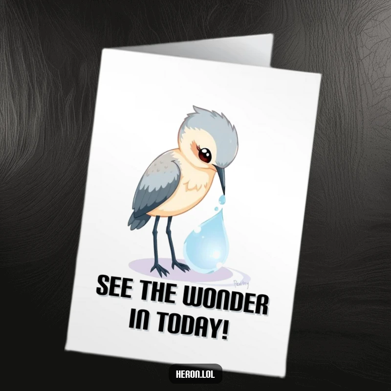 Funny free printable birthday card of a curious heron bird peering into a glistening, magical dewdrop, celebrating with whimsical humor.