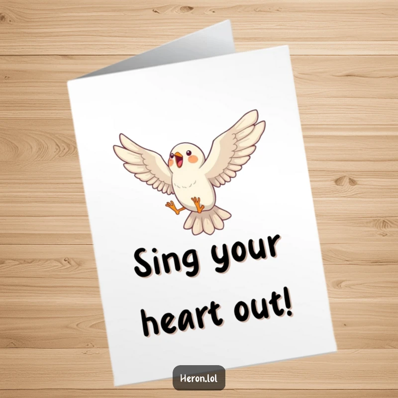 Funny Free Printable Bird Birthday Card: Energetic bird leaping mid-song with wings spread wide, full of joy.
