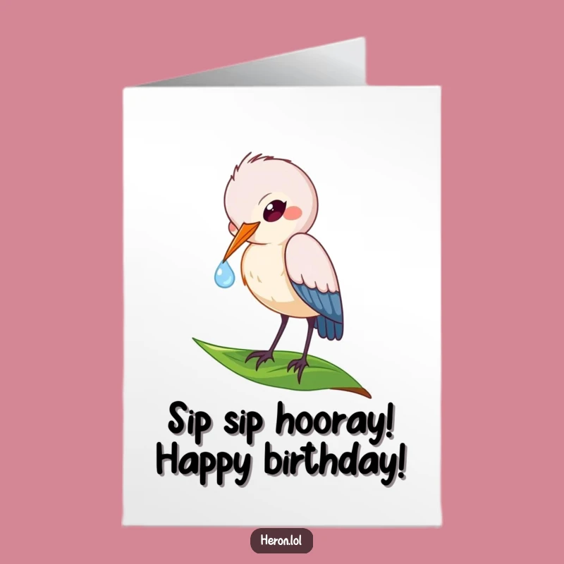 Free Printable Birthday: Playful Heron Dewdrop Sip, Serene Greeting, Whimsical Download