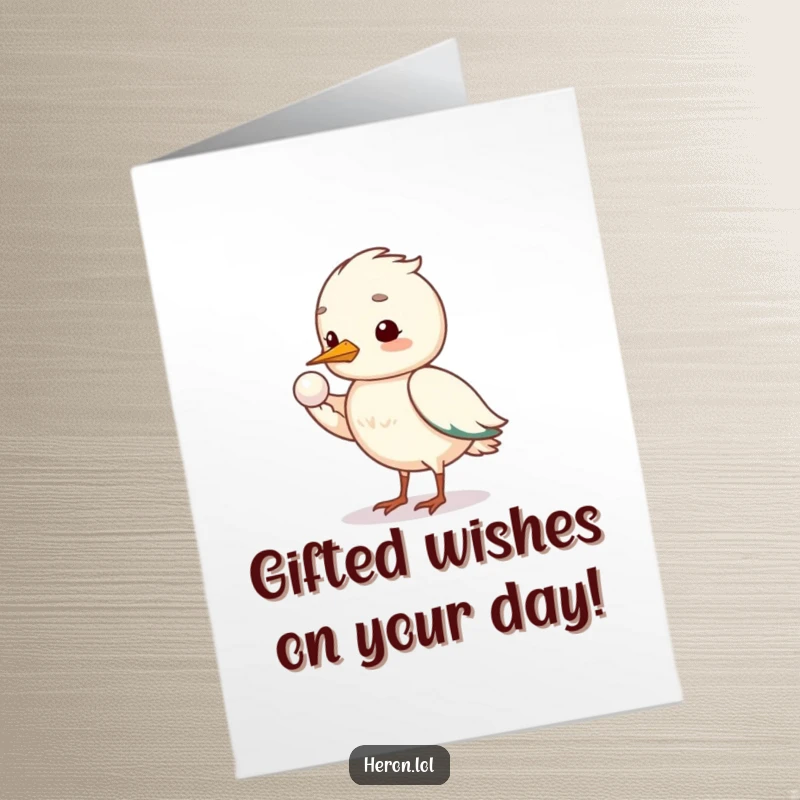 Sweet free printable heron birthday card, a shy heron offers a shining pearl with its wing, thoughtful gift.