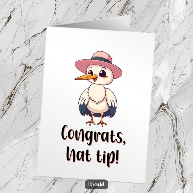 Funny Free Printable Congratulations Card: Heron bird giggling and tipping hat, a delightful and funny way to celebrate success.