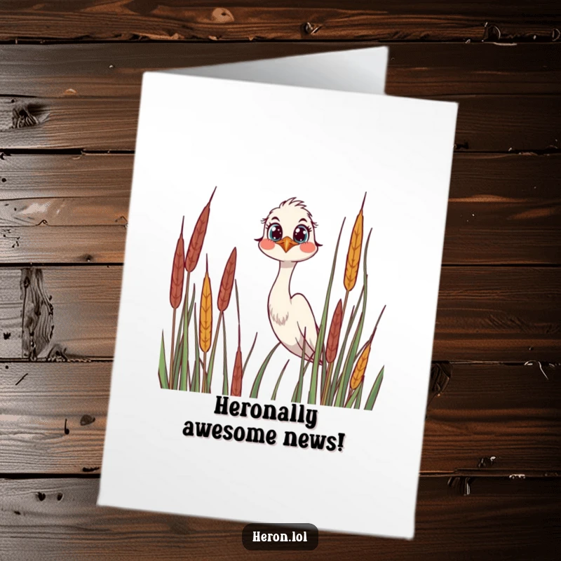 Funny Free Printable Congratulations Card showcasing a curious heron with wide eyes peeking over reeds, a perfect downloadable celebration.