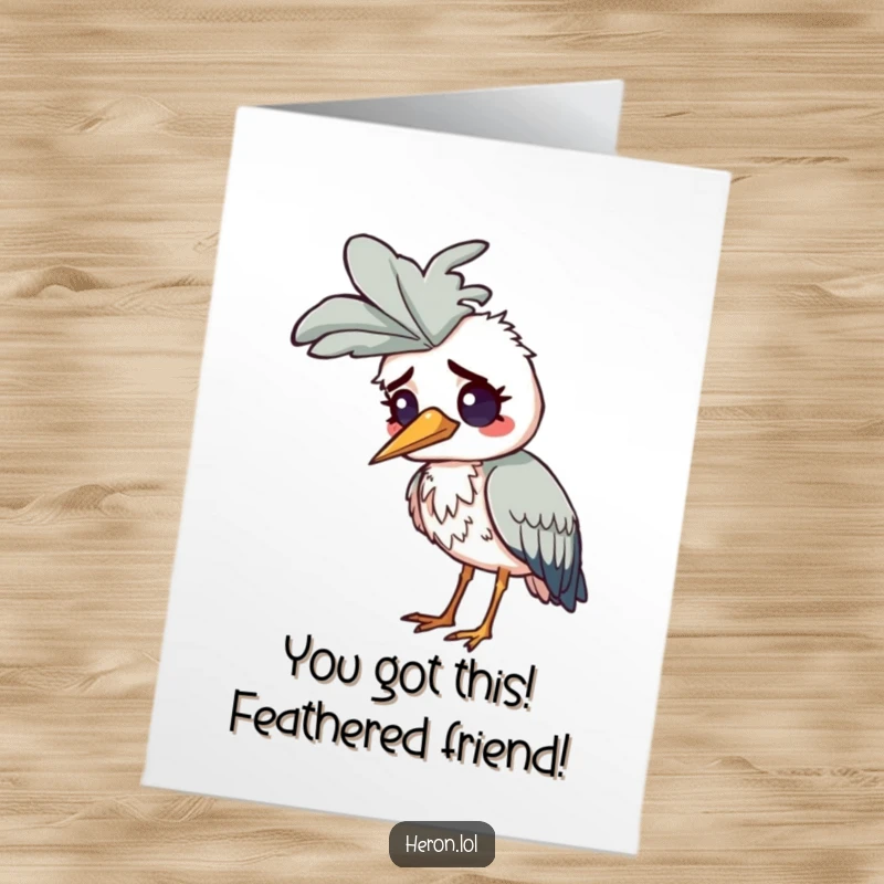 Funny Free Printable Congratulations Card: A heron with a comically large feather on its head, looking completely perplexed.