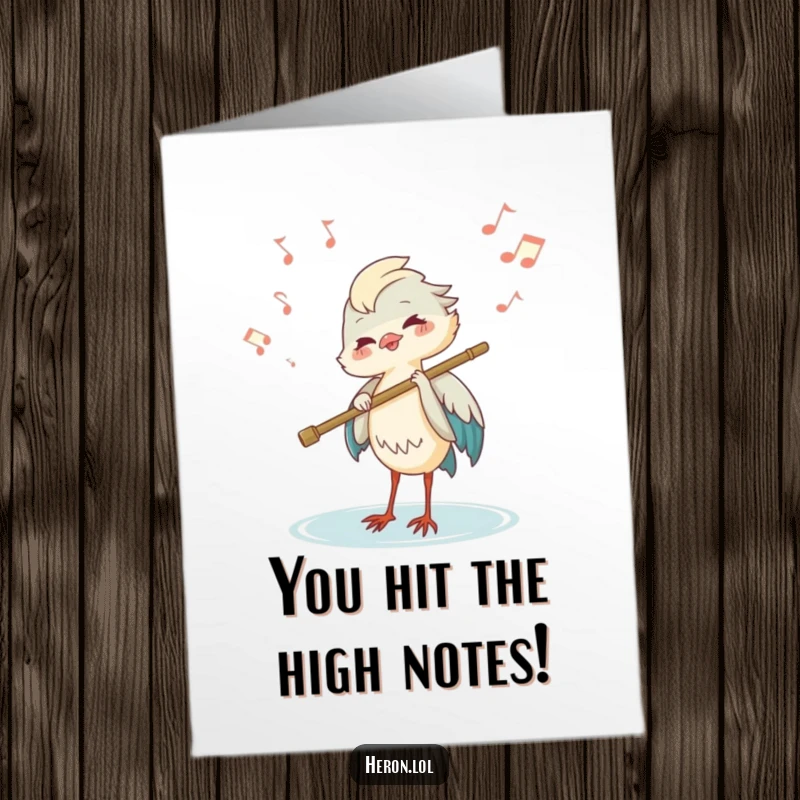 Funny Free Printable Congratulations Card: A joyous heron plays a reed flute, surrounded by floating musical notes.