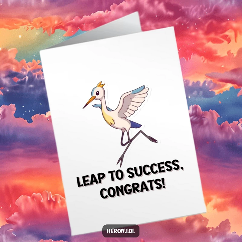 Funny Free Printable Congratulations Card: Slim heron with long legs takes a triumphant leap, celebrating big wins.