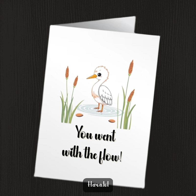 Funny Free Printable Congratulations Card: Kawaii heron bird wading serenely through reeds, embodying calm success.
