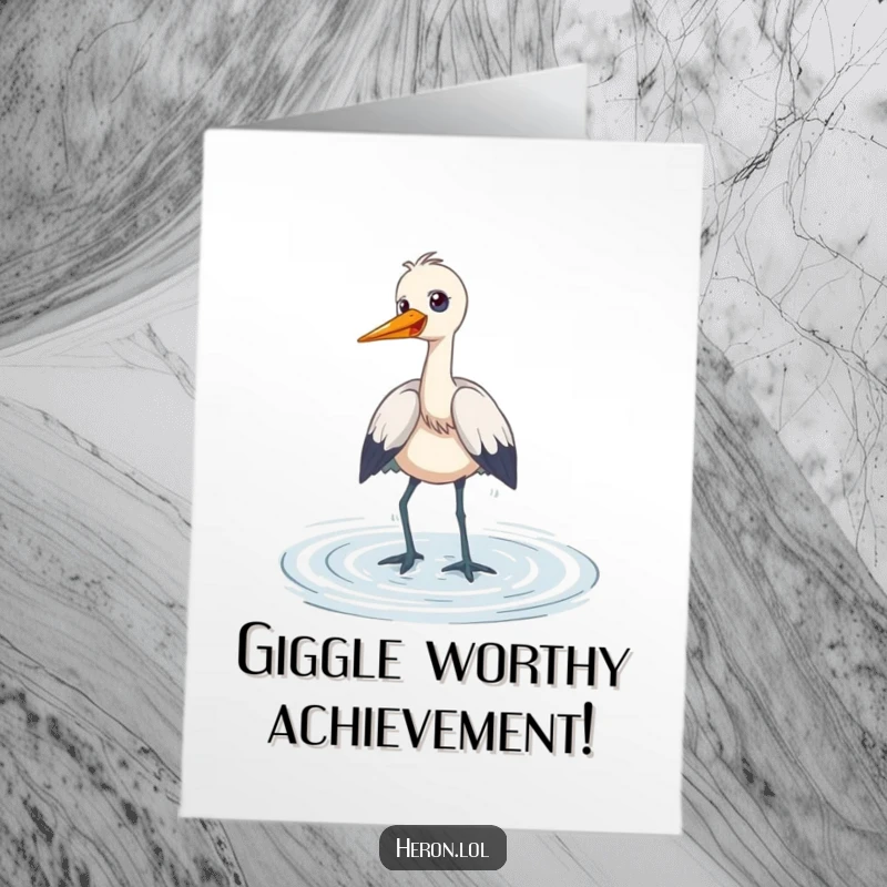 Funny Free Printable Congratulations Card: A heron playfully giggles as it wades through shallow water, celebrating success.