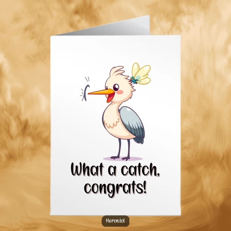 Funny Free Printable Congratulations Card: Happy heron bird cawing joyfully at a shimmering dragonfly, celebrating big wins.