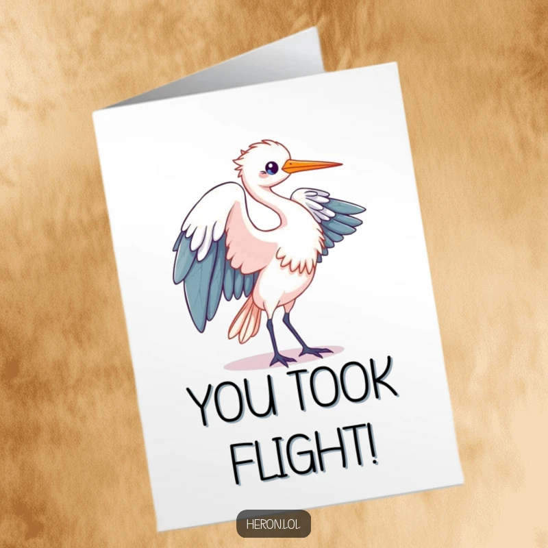 Funny Free Printable Congratulations Card: Kawaii heron bird's wing unfurling elegantly, celebrating a grand accomplishment.