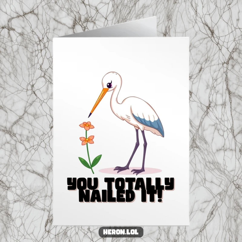 Funny Free Printable Congratulations Card: Kawaii heron bird reaching a tiny flower, symbolizing achievement.