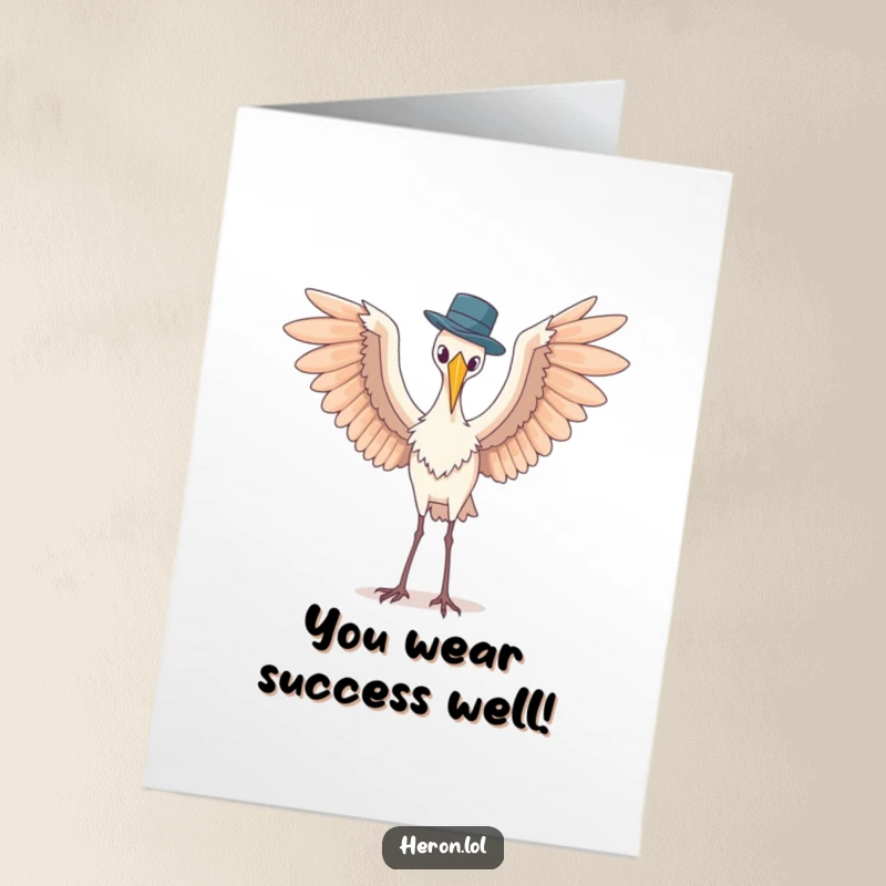 Funny Free Printable Congrats Card: Heron with wide wings awkwardly balances a tiny hat, celebrating achievement.