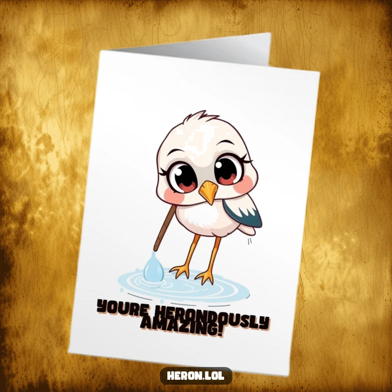 Funny Free Printable Congrats Card: Curious heron with big eyes scoops water, celebrating your amazing achievement.