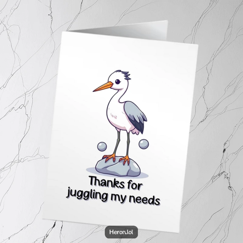 Funny free printable thank you card displaying a heron hilariously juggling stones with its legs, expressing gratitude.