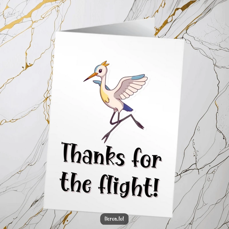 Funny Free Printable Thank You Card: Slim heron with long legs gracefully leaps, expressing heartfelt thanks.