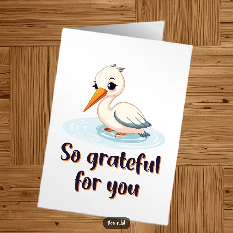Funny Free Printable Thank You Card: A smiling heron gracefully fishes, its beak in shimmering water, sending thanks.