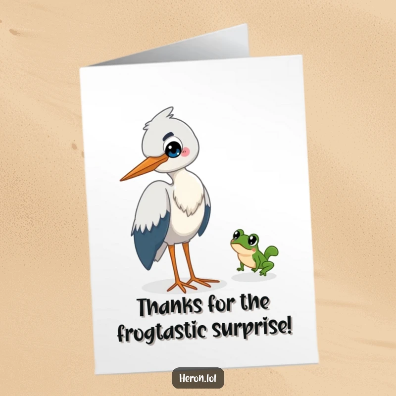 Funny Free Printable Thank You Card: A mischievous heron grins as a tiny frog escapes, a comical way to say thanks.