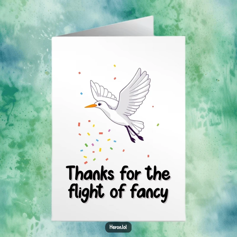 Funny Free Printable Thank You Card depicting a heron flying with a spectacular trail of colorful confetti, expressing thanks.