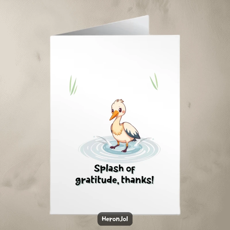 Funny free printable heron thank you card, a heron bird splashing playfully in a pond, humorous gratitude.