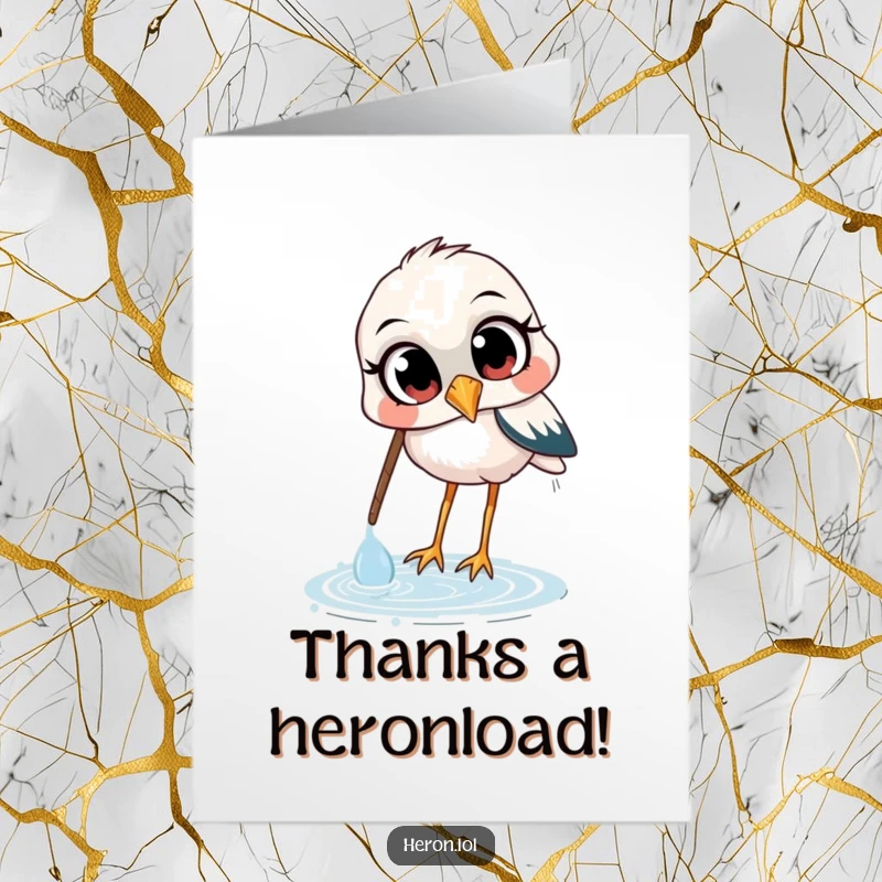 Funny Free Printable Thank You Card: A curious heron scoops water, a charming and funny way to send thanks.