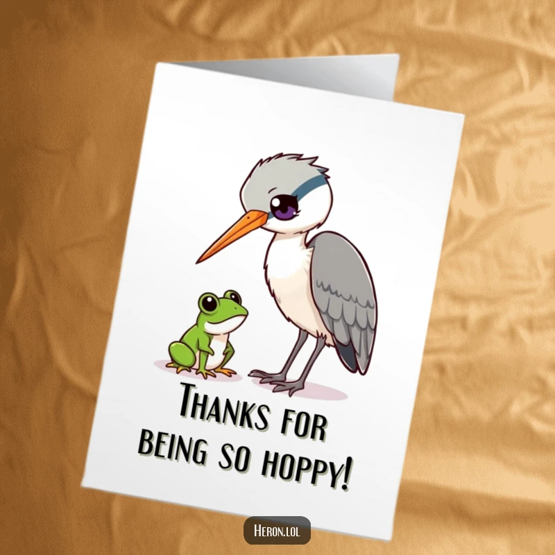 Funny Free Printable Thank You Card with a curious heron bird observing a small frog, a unique way to say thanks.