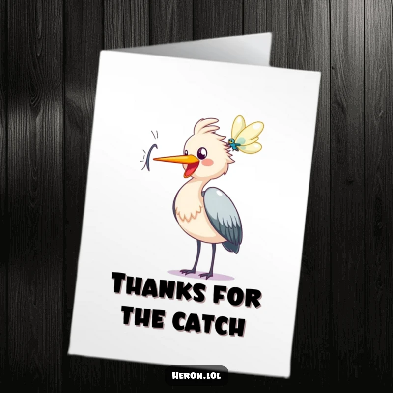 Funny Free Printable Thank You Card: Happy heron bird cawing joyfully with beak open at a shimmering dragonfly.