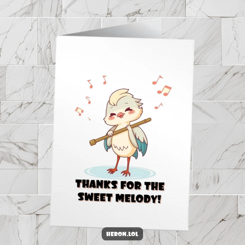 Funny Free Printable Thank You Card: A happy heron plays a flute made of a reed, with musical notes floating happily.