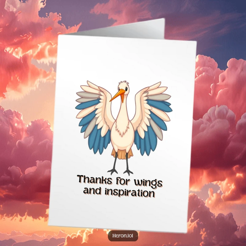 Funny Free Printable Heron Thank You Card: A graceful heron elegantly extends its large, colorful wings in thanks.