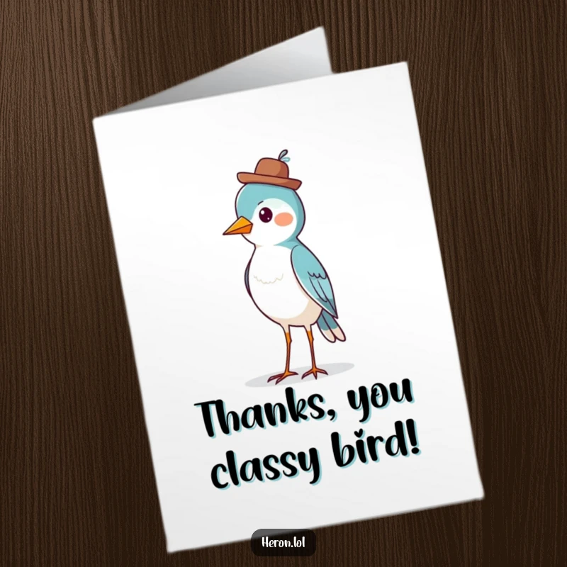 Funny Free Printable Thank You Card: A proud bird stands tall, wearing a small, jaunty hat, looking distinguished.