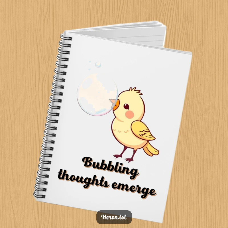 Funny notebook cover showing a whimsical bird blowing a large, transparent bubble from its beak, symbolizing imagination and playful thoughts.