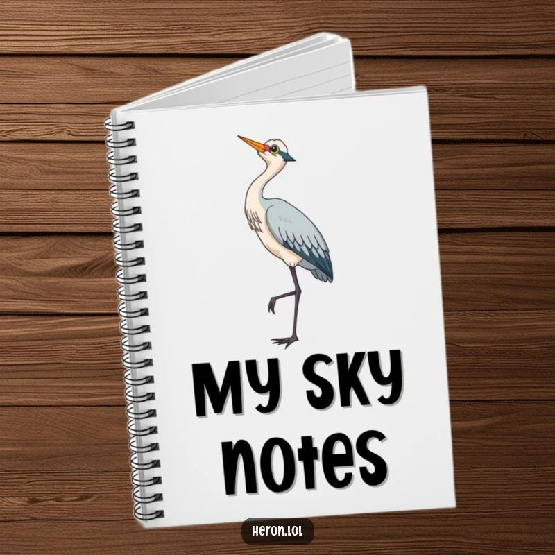 Cute heron bird standing on one leg, looking skyward, a charming and inspiring notebook.