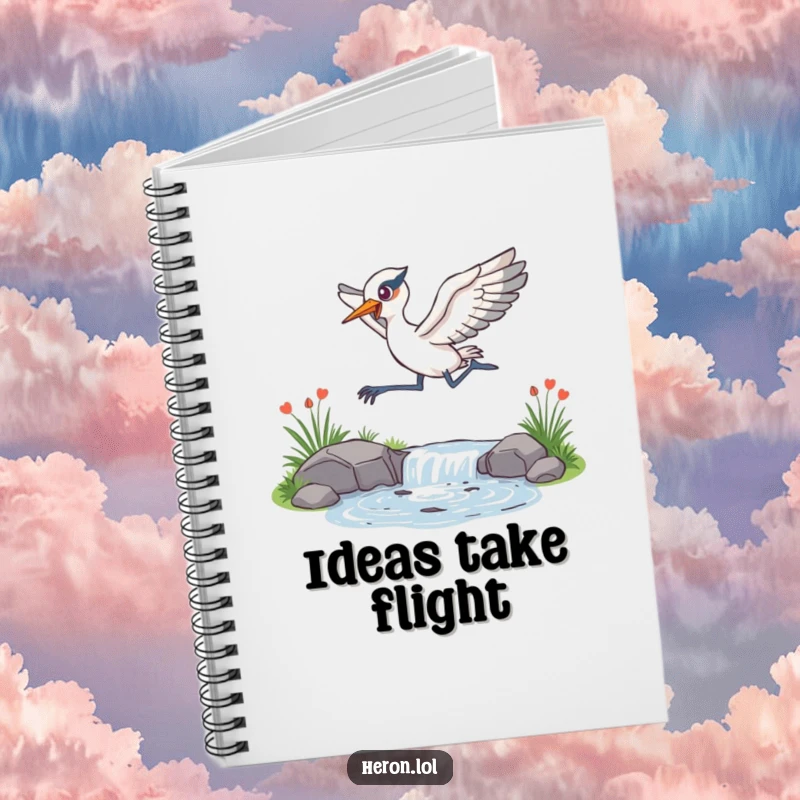 Funny Notebook with an energetic heron leaping over a sparkling stream, perfect for capturing your most dynamic thoughts.