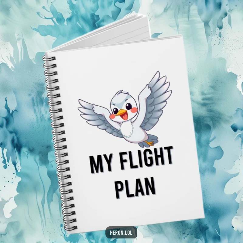 Funny Flying Heron Notebook: A happy heron flaps its flippers energetically, hilariously simulating flight.