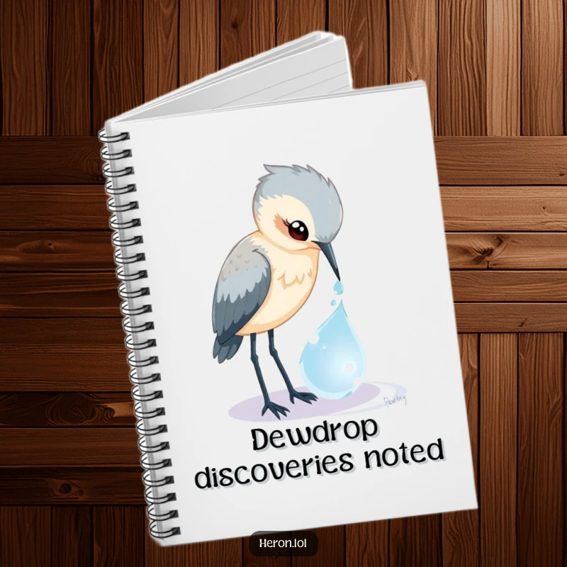 Funny Heron Notebook: A curious bird peers into a magical dewdrop, perfect for notes with a touch of whimsical exploration.