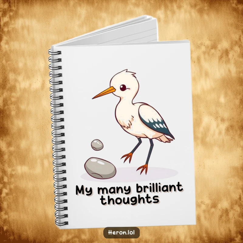 Funny heron bird attempting to juggle three shiny pebbles with its feet, a humorous notebook for jotting notes.