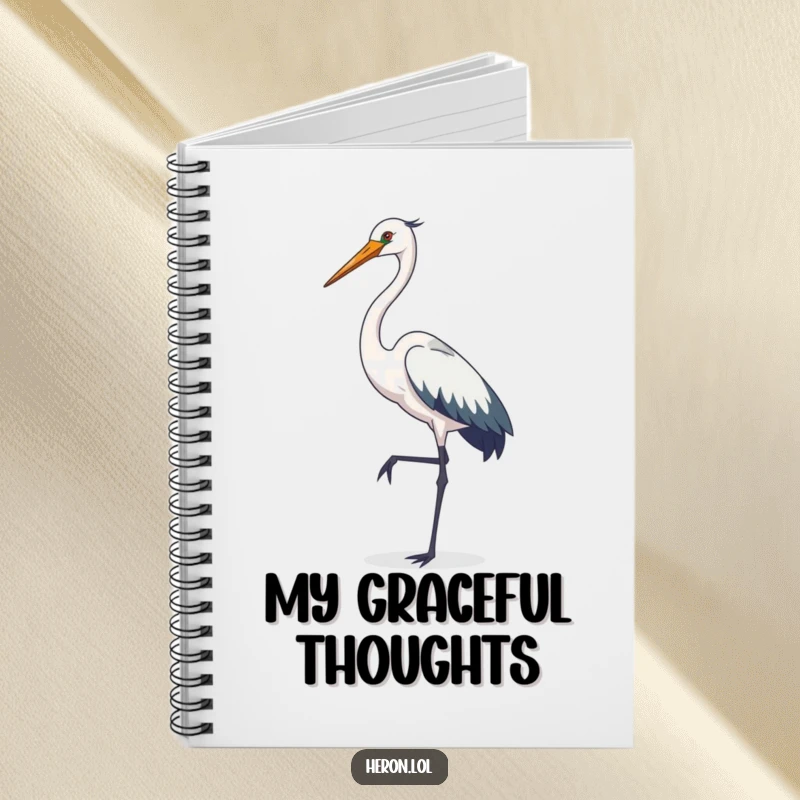 Funny heron notebook, journal, elegant bird posing on one leg, sophisticated cartoon design, stationery gift.