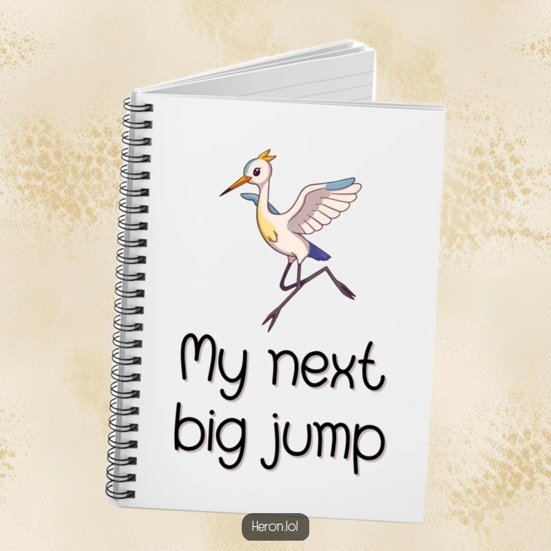 Funny Notebook cover showing a slim, long-legged heron gracefully leaping, designed for jotting down ideas with a touch of humorous inspiration.