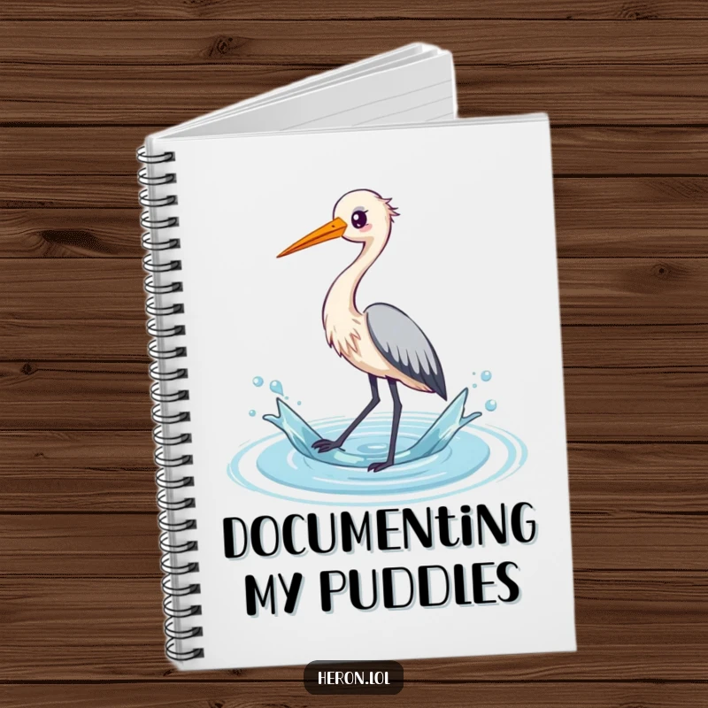 Funny kawaii heron notebook with a cute bird splashing water with its long legs, inspiring creativity and joy in writing.