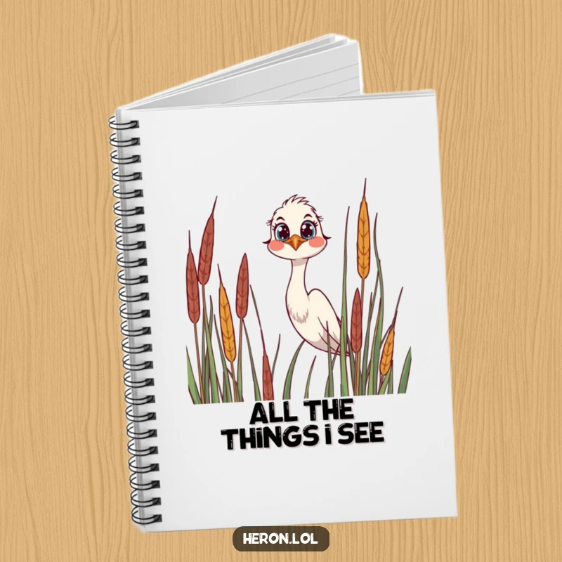 Funny Notebook with a joyful heron peeking over reeds, its wide, curious eyes inviting you to fill its pages with thoughts.