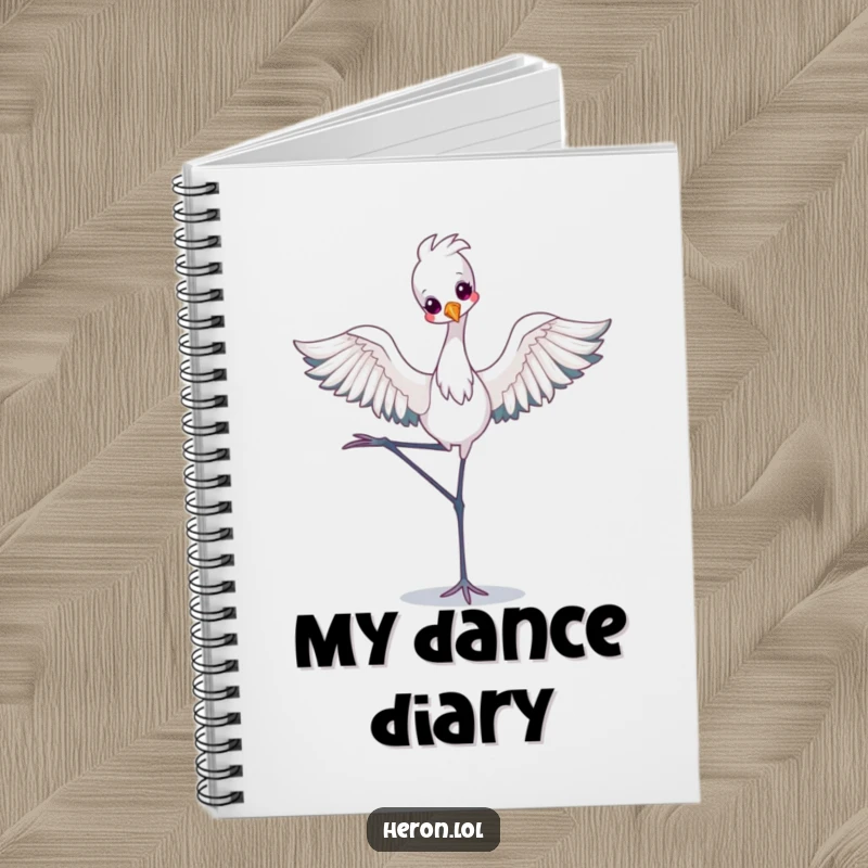 Funny Notebook cover with a kawaii heron in a ballet pose, designed for creative writing and note-taking with a dose of cute humor.