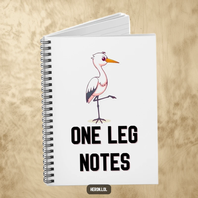 Funny notebook cover with a smug heron masterfully balancing on one leg, perfect for jotting down funny thoughts and ideas.
